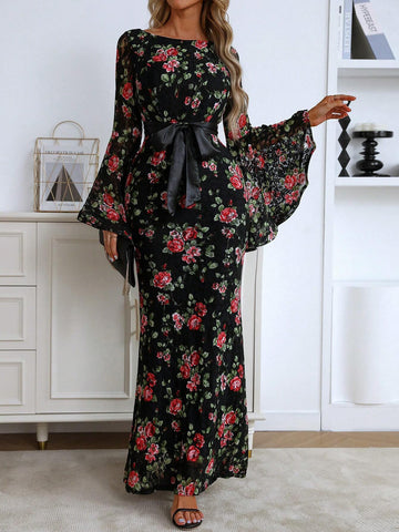 Women's Elegant Rose Print Flounced Sleeve Party Evening Dress