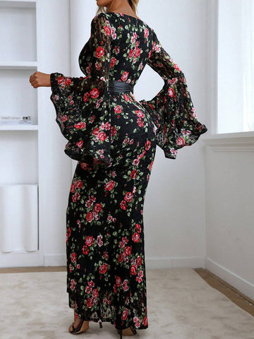 Women's Elegant Rose Print Flounced Sleeve Party Evening Dress