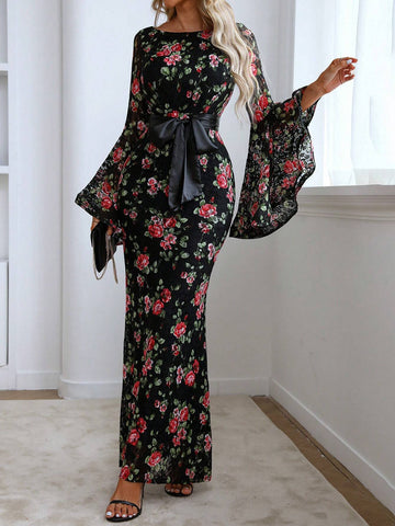 Women's Elegant Rose Print Flounced Sleeve Party Evening Dress