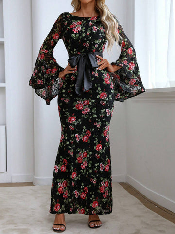 Women's Elegant Rose Print Flounced Sleeve Party Evening Dress