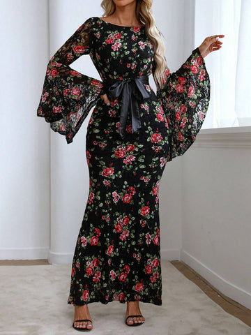 Women's Elegant Rose Print Flounced Sleeve Party Evening Dress