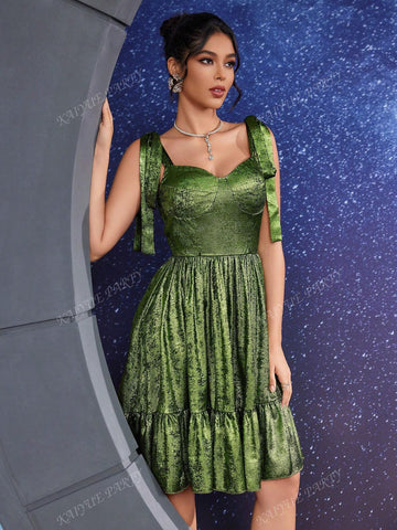 Women's Elegant Ruffle Hem Dignified Party Dress With Spaghetti Strap (Embellished Style)