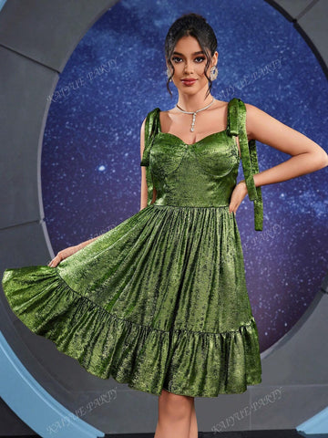 Women's Elegant Ruffle Hem Dignified Party Dress With Spaghetti Strap (Embellished Style)