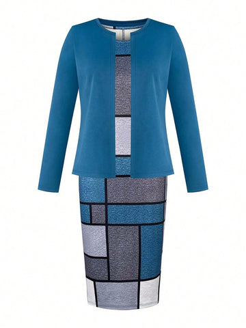 Women's Elegant Set Solid Color Long Sleeve Cardigan Jacket And Geometric Print Fitted Dress 2-Piece Set