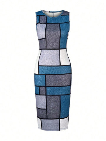 Women's Elegant Set Solid Color Long Sleeve Cardigan Jacket And Geometric Print Fitted Dress 2-Piece Set