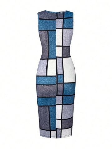 Women's Elegant Set Solid Color Long Sleeve Cardigan Jacket And Geometric Print Fitted Dress 2-Piece Set