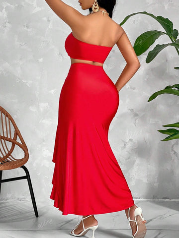 Women's Elegant Sexy Satin Solid Color Twisted Tube Top & Twisted Asymmetrical Hem Ruffle Skirts Set