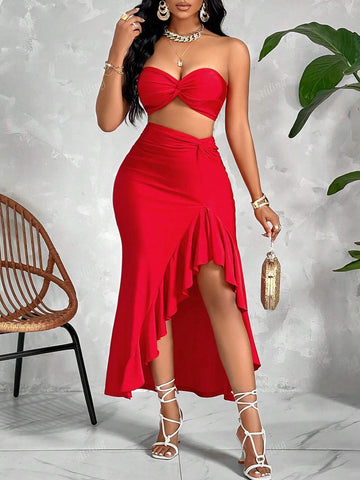 Women's Elegant Sexy Satin Solid Color Twisted Tube Top & Twisted Asymmetrical Hem Ruffle Skirts Set