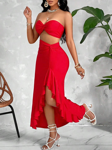 Women's Elegant Sexy Satin Solid Color Twisted Tube Top & Twisted Asymmetrical Hem Ruffle Skirts Set