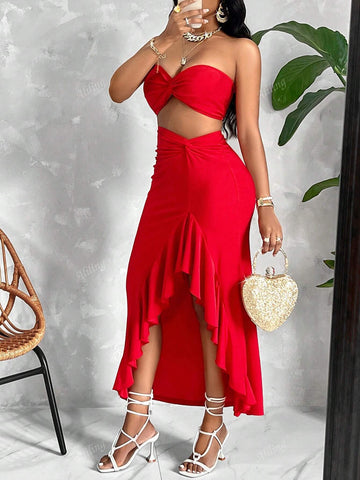 Women's Elegant Sexy Satin Solid Color Twisted Tube Top & Twisted Asymmetrical Hem Ruffle Skirts Set