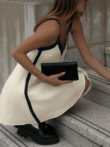 Women's Elegant Sexy V-Neck Camisole Color Blocking Vacation Style White Short Dress, Spring/Summer