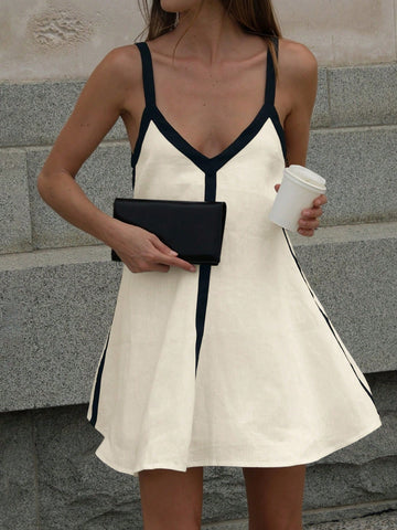 Women's Elegant Sexy V-Neck Camisole Color Blocking Vacation Style White Short Dress, Spring/Summer