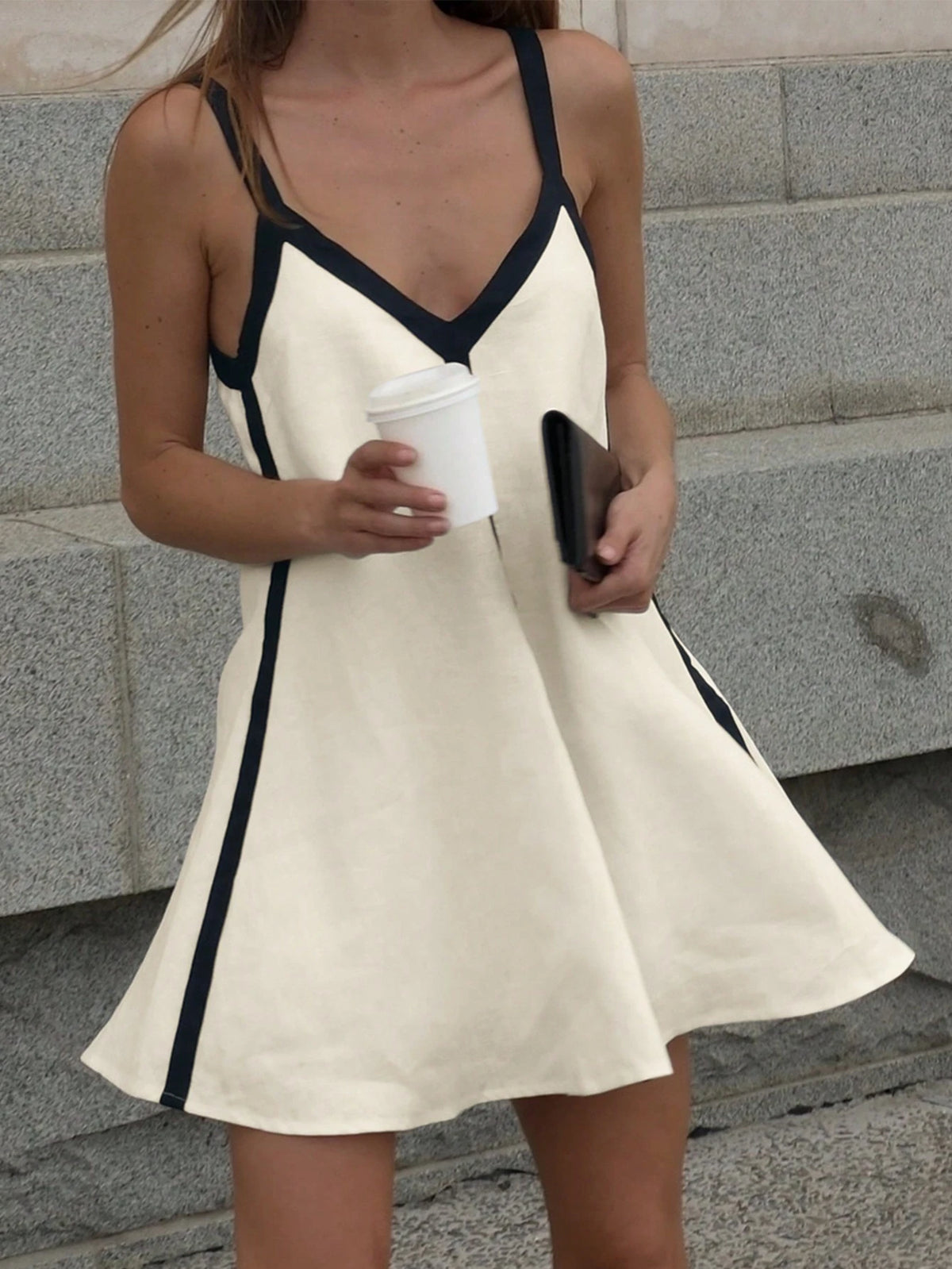Women's Elegant Sexy V-Neck Camisole Color Blocking Vacation Style White Short Dress, Spring/Summer