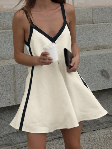 Women's Elegant Sexy V-Neck Camisole Color Blocking Vacation Style White Short Dress, Spring/Summer