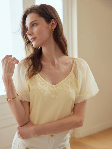 Women's Elegant Short Sleeve V-Neck Mesh Splice Tee For Summer