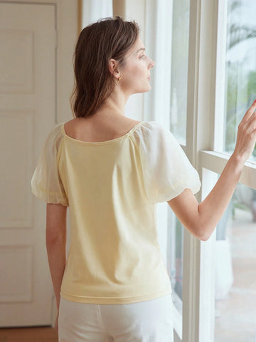 Women's Elegant Short Sleeve V-Neck Mesh Splice Tee For Summer