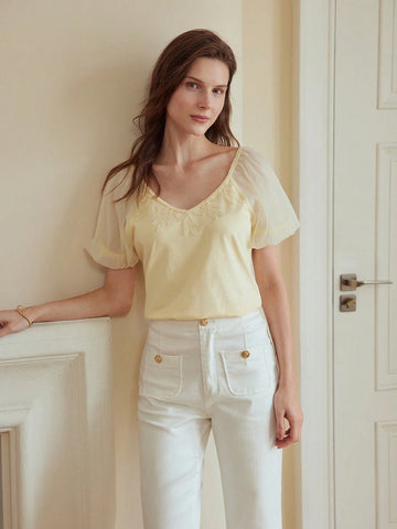 Women's Elegant Short Sleeve V-Neck Mesh Splice Tee For Summer