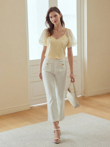 Women's Elegant Short Sleeve V-Neck Mesh Splice Tee For Summer