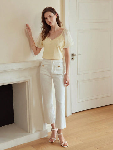 Women's Elegant Short Sleeve V-Neck Mesh Splice Tee For Summer