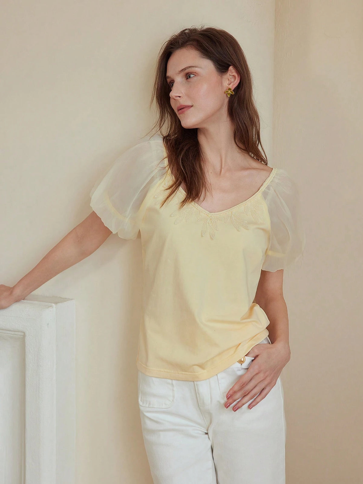 Women's Elegant Short Sleeve V-Neck Mesh Splice Tee For Summer