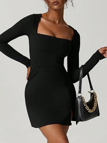 Women's Elegant Short Solid Color Square Neck Long Sleeve Dress, Autumn