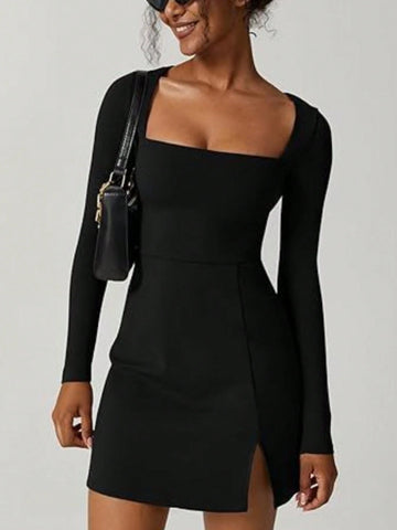 Women's Elegant Short Solid Color Square Neck Long Sleeve Dress, Autumn