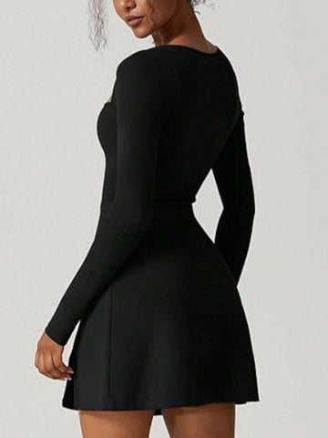 Women's Elegant Short Solid Color Square Neck Long Sleeve Dress, Autumn