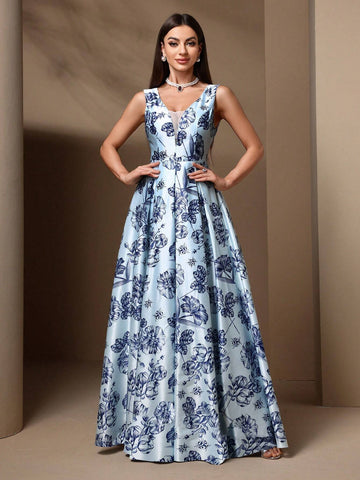 Women's Elegant Sleeveless Bridesmaid Dress With Floral Print And Mesh Patchwork