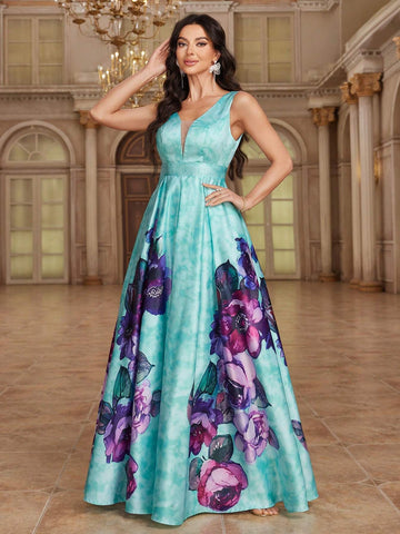Women's Elegant Sleeveless Bridesmaid Dress With Floral Print