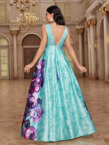Women's Elegant Sleeveless Bridesmaid Dress With Floral Print