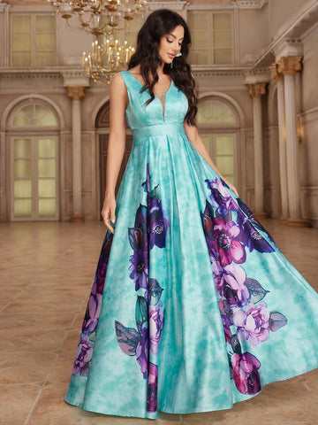 Women's Elegant Sleeveless Bridesmaid Dress With Floral Print