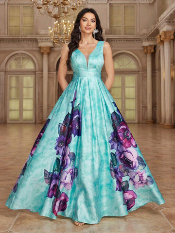 Women's Elegant Sleeveless Bridesmaid Dress With Floral Print