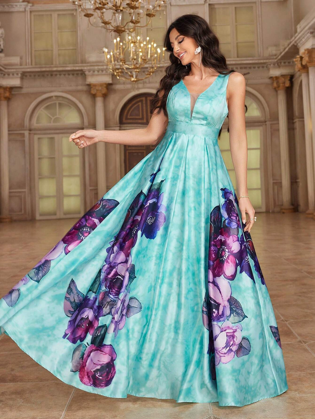 Women's Elegant Sleeveless Bridesmaid Dress With Floral Print