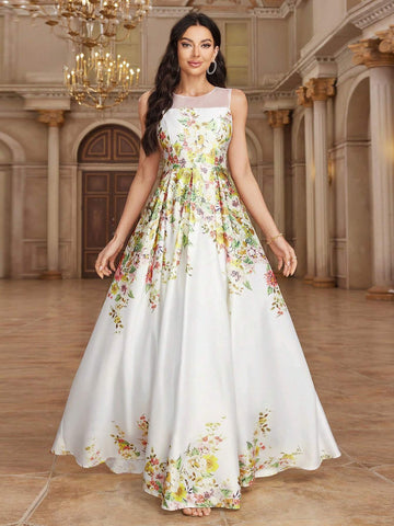 Women's Elegant Sleeveless Bridesmaid Dress With Flower Prints
