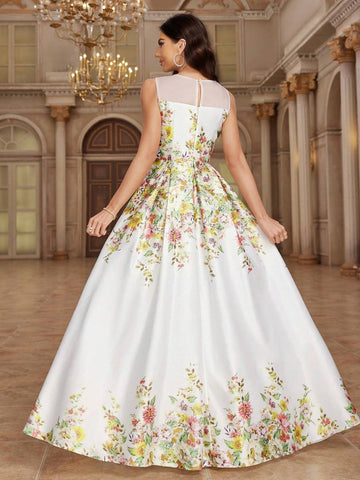 Women's Elegant Sleeveless Bridesmaid Dress With Flower Prints