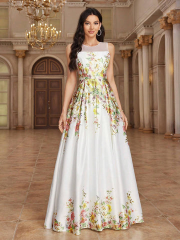 Women's Elegant Sleeveless Bridesmaid Dress With Flower Prints