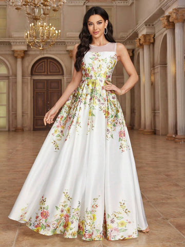 Women's Elegant Sleeveless Bridesmaid Dress With Flower Prints