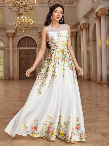 Women's Elegant Sleeveless Bridesmaid Dress With Flower Prints