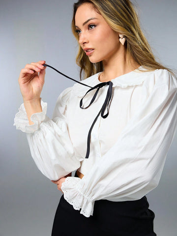 Women's Elegant Solid Color Bell Sleeve Lace Patchwork Blouse