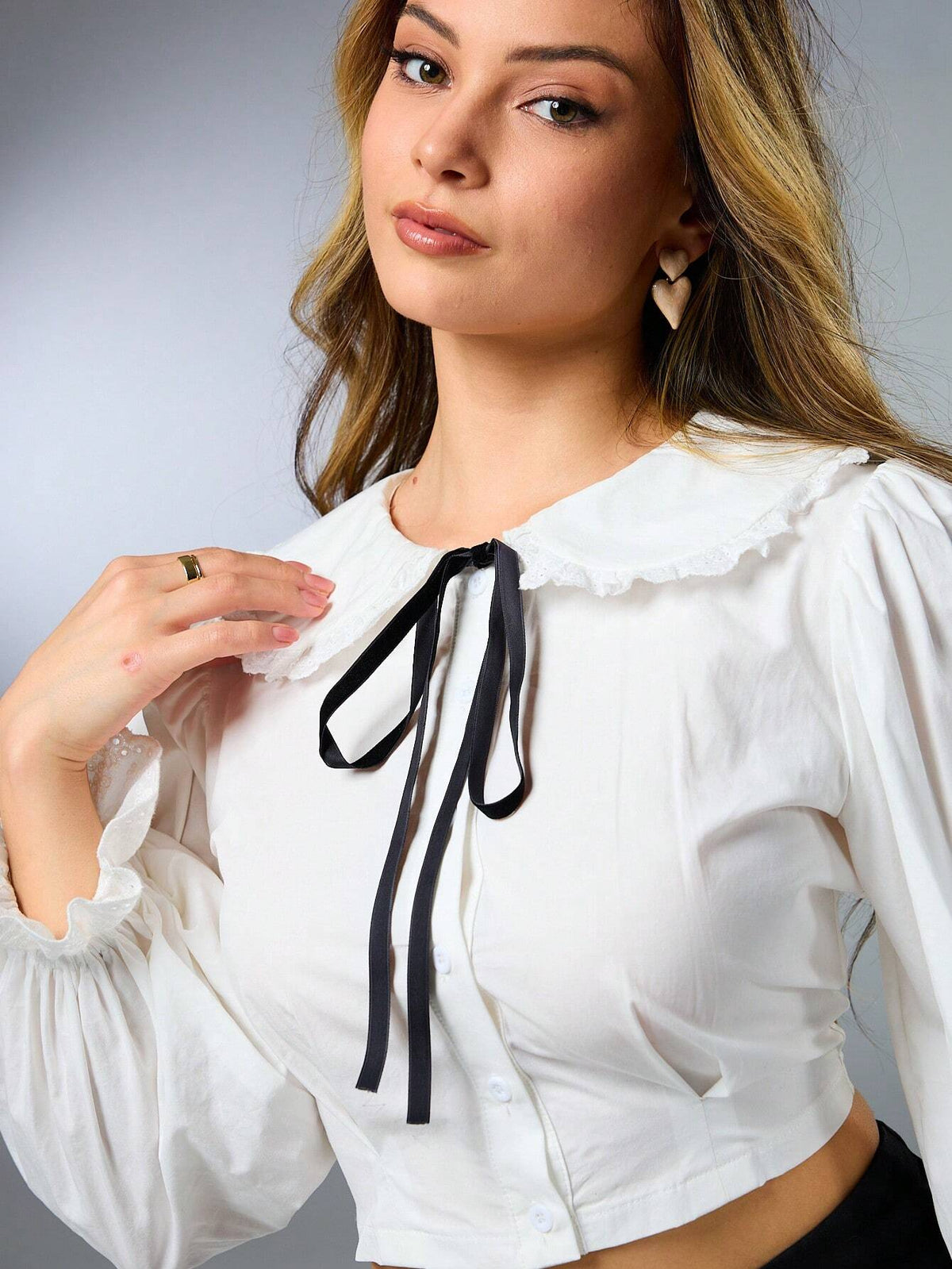 Women's Elegant Solid Color Bell Sleeve Lace Patchwork Blouse