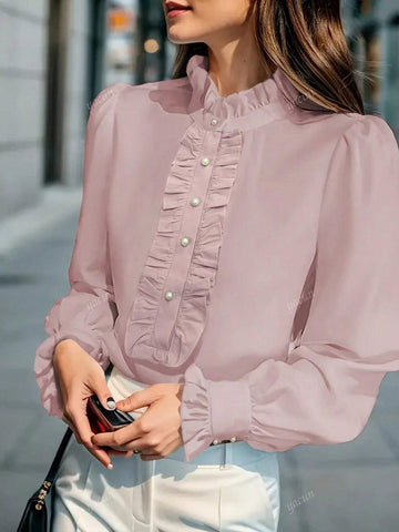 Women's Elegant Solid Color Button Ruffle Collar Long Sleeve Fashionable Blouse