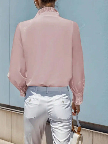 Women's Elegant Solid Color Button Ruffle Collar Long Sleeve Fashionable Blouse