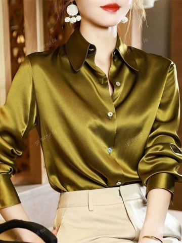 Women's Elegant Solid Color Long Sleeve Shirt, Suitable For Commuting, Autumn