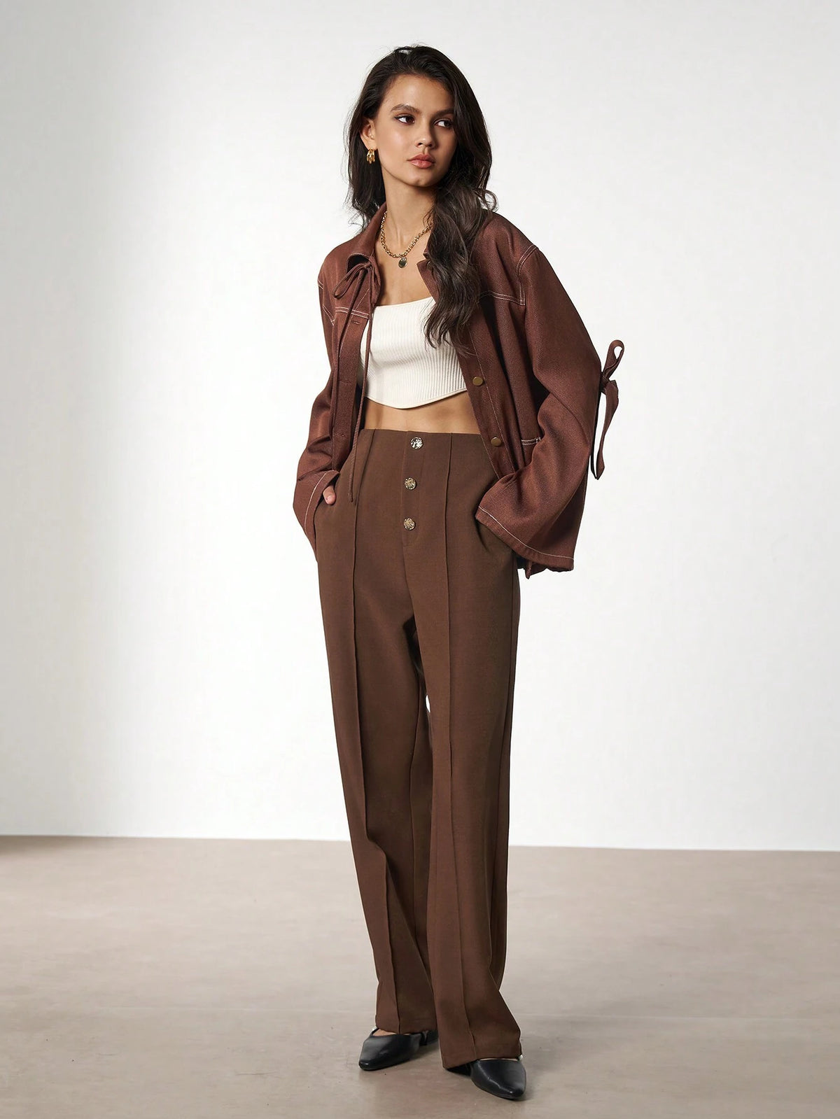 Women's Elegant Solid Color Metal Buckle Slim Fit Straight Leg Pants, Suitable For Office Wear