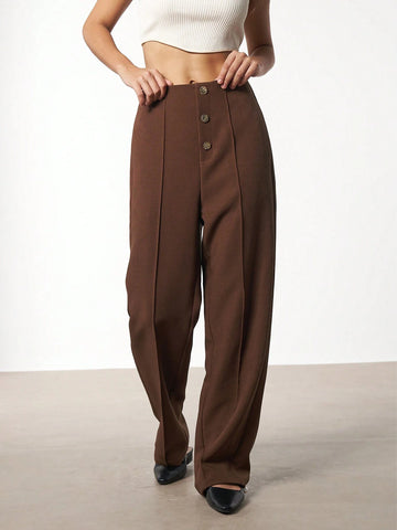 Women's Elegant Solid Color Metal Buckle Slim Fit Straight Leg Pants, Suitable For Office Wear