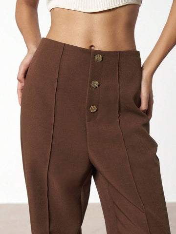 Women's Elegant Solid Color Metal Buckle Slim Fit Straight Leg Pants, Suitable For Office Wear