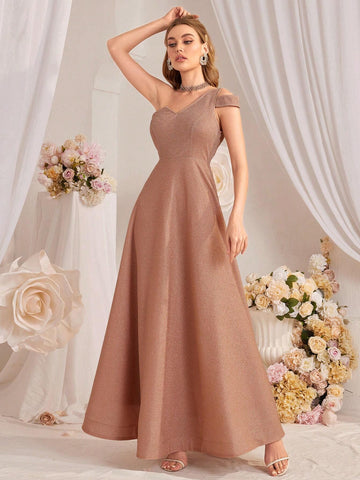 Women's Elegant Solid Color One Shoulder Slim Fit A-Line Evening Dress