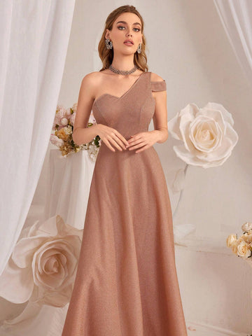 Women's Elegant Solid Color One Shoulder Slim Fit A-Line Evening Dress