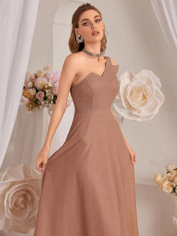Women's Elegant Solid Color One Shoulder Slim Fit A-Line Evening Dress