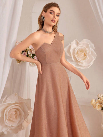 Women's Elegant Solid Color One Shoulder Slim Fit A-Line Evening Dress